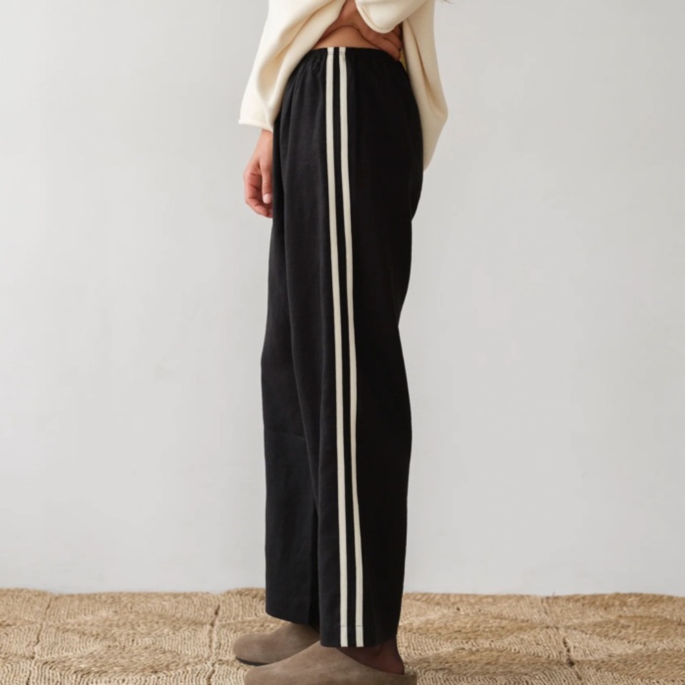 Donni Linen Crop Stripe Straight Wide Leg Pull On Elastic Baggy Pants Jet Black